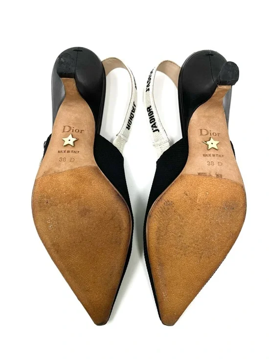 Christian Dior J'Adior Logo Black White Bow Slingback Pumps Kitten Heels 38 8 - Picture 9 of 12